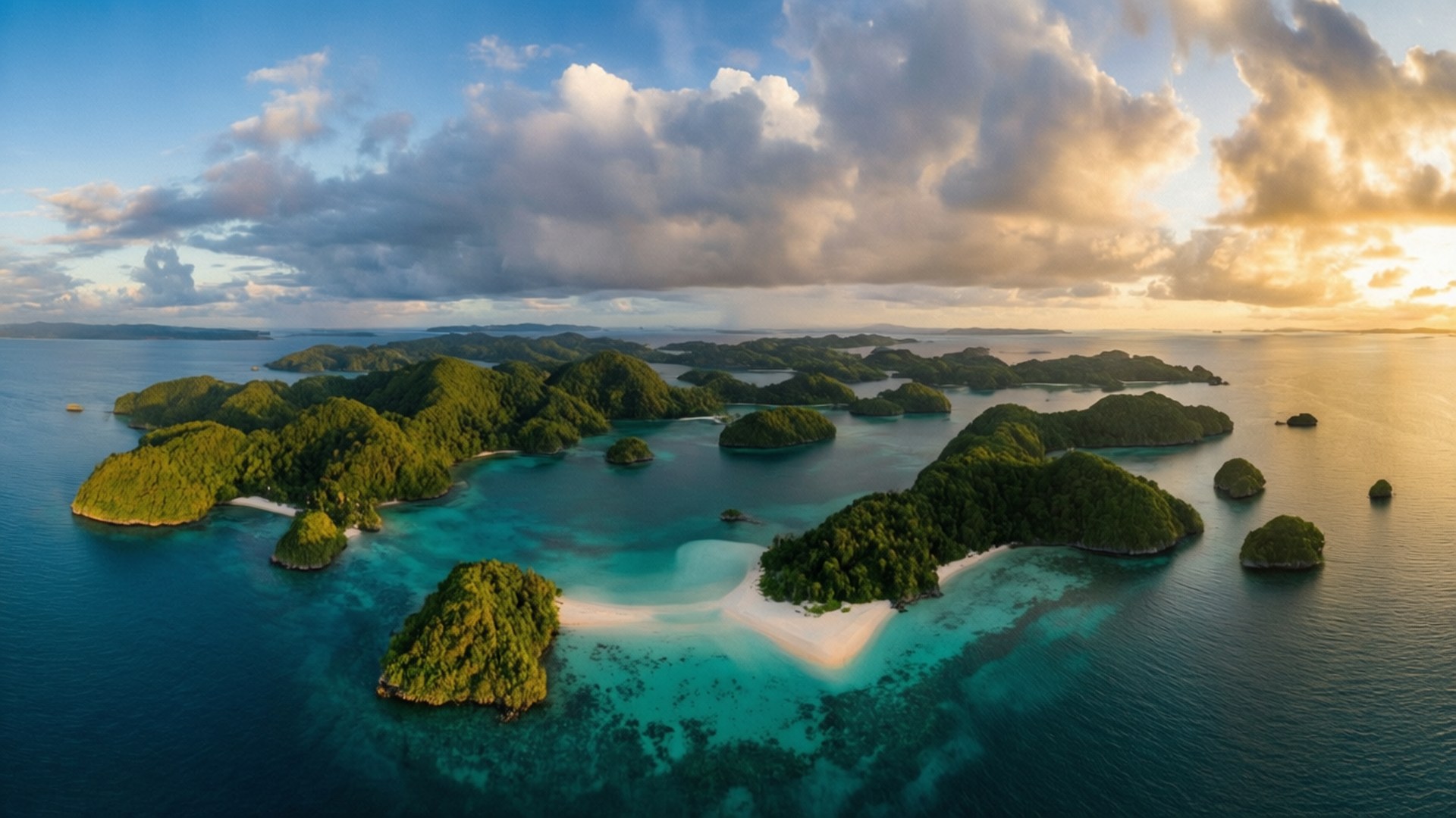 Aerial view of tropical islands with turquoise waters and white sand beaches at sunset. 壁紙
