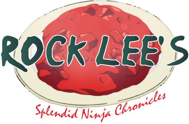 Rock Lee的精彩忍者編年史標誌 壁紙 — 卡通風格標誌，上面有一碟紅色拉麵，粗體文字寫著 Rock Lee's Splendid Ninja Chronicles。