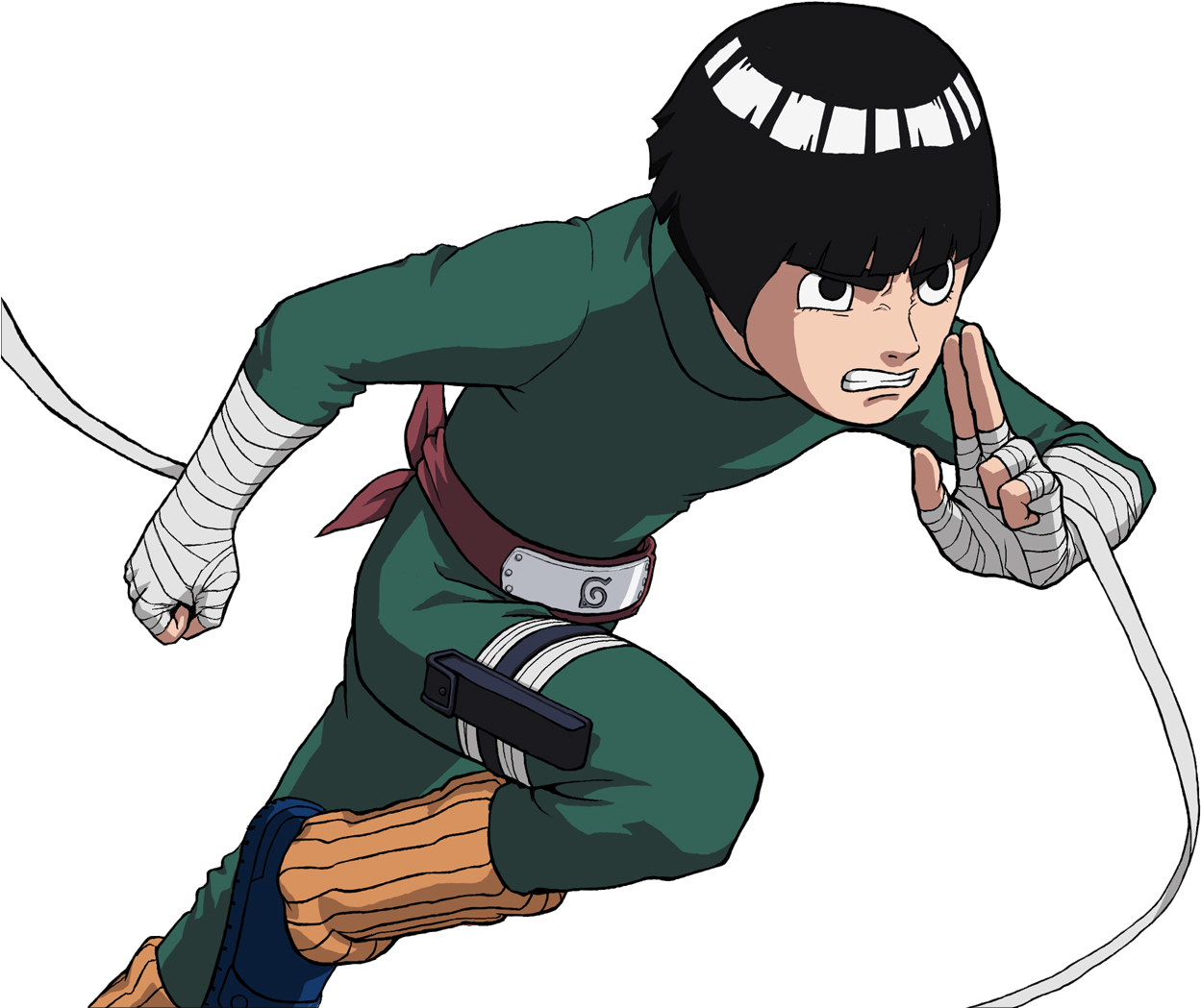 動畫角色 Rock Lee 行動姿勢 壁紙 — 一個堅定的動漫忍者，身穿綠色裝備，纏著繃帶的雙手和頭帶，在黑色背景上向前衝刺。