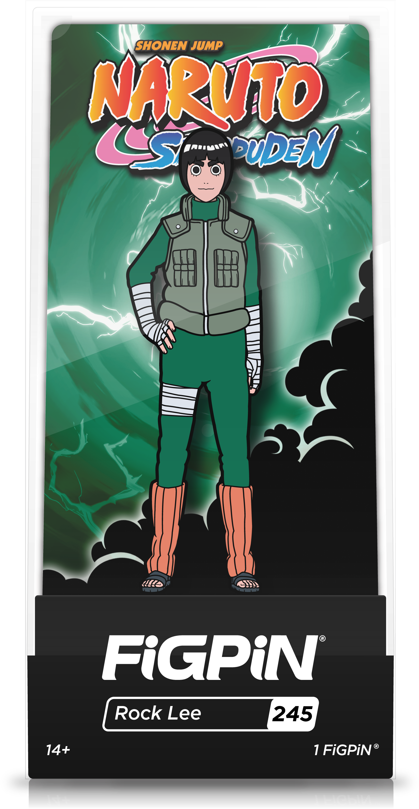 《火影忍者疾風傳》角色 Rock Lee 收藏別針包裝 壁紙 — 動畫角色洛克·李自信地穿著綠色忍者裝備，站在帶有閃電的暴風雨綠色背景前。