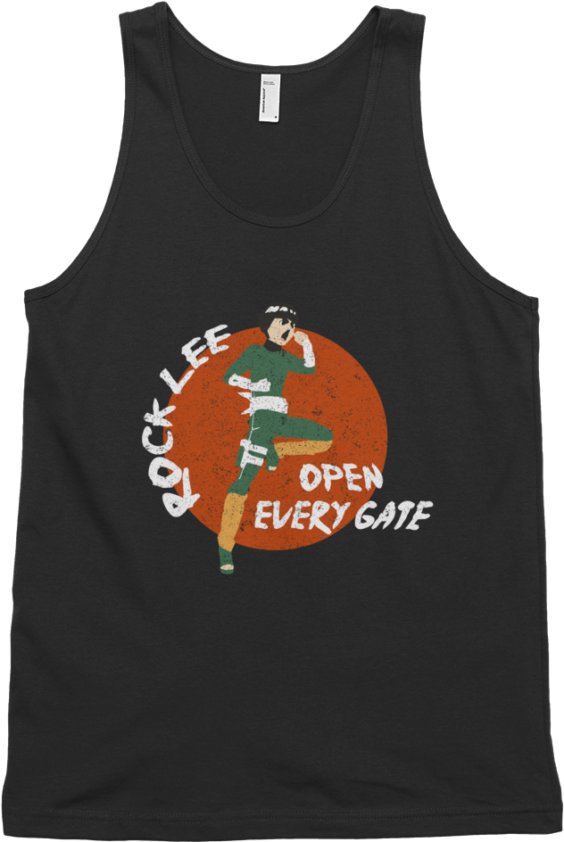 Rock Lee 開啟每道門背心 壁紙 — 黑色背心印有動漫角色李洛克在動態姿勢中的復古風格圖案，並在橙色圓圈內附有「Rock Lee Open Every Gate」文字。