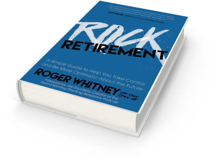 《ROCK Retirement》書籍封面 壁紙 — 一本由Roger Whitney創作的3D渲染書，名為'Rick Retirement'，傾斜放置在黑色背景上，帶有白色頁面和藍色封面。