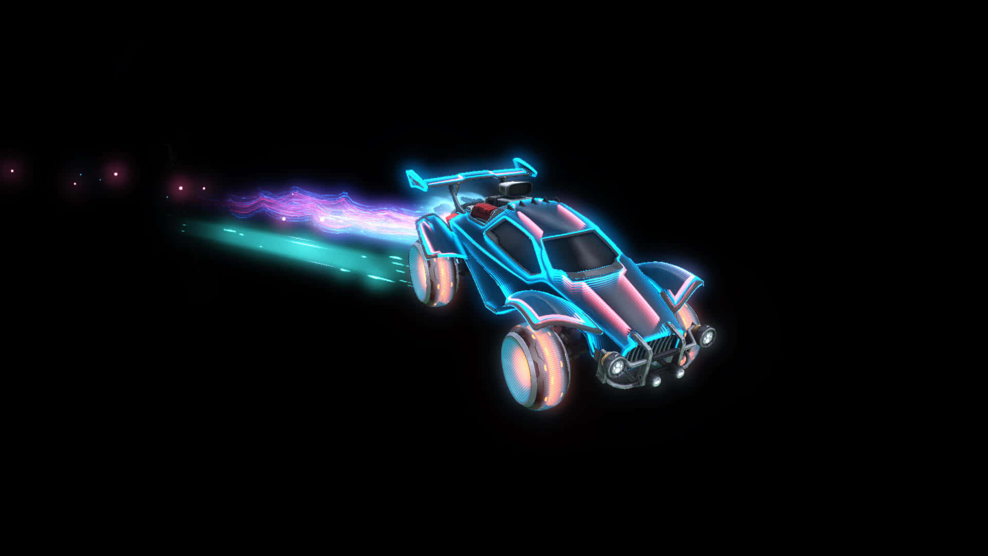 《Rocket League》720p 藍粉戰車背景 壁紙 — 一輛發光的藍色和粉紅色未來賽車在黑暗中疾馳，留下充滿活力的霓虹軌跡。