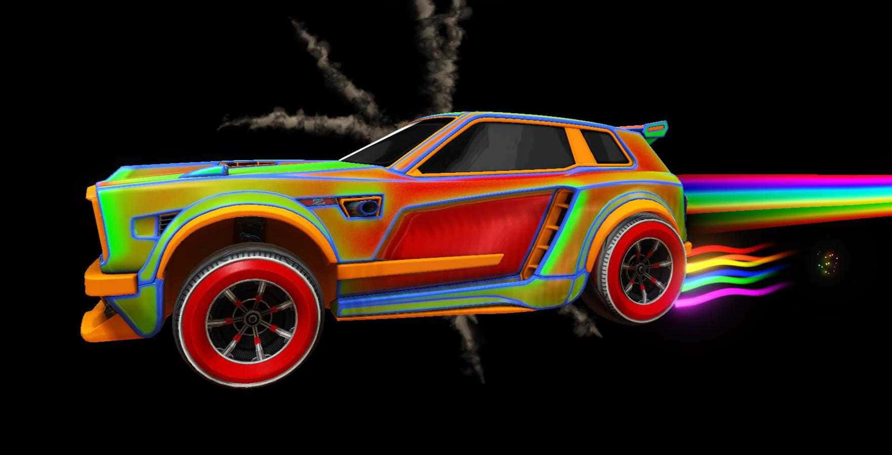 《Rocket League》720p 彩色戰車背景 壁紙 — 一輛充滿活力的彩虹色跑車帶著發光的軌跡在黑色背景上疾馳，留下煙霧和霓虹條紋。