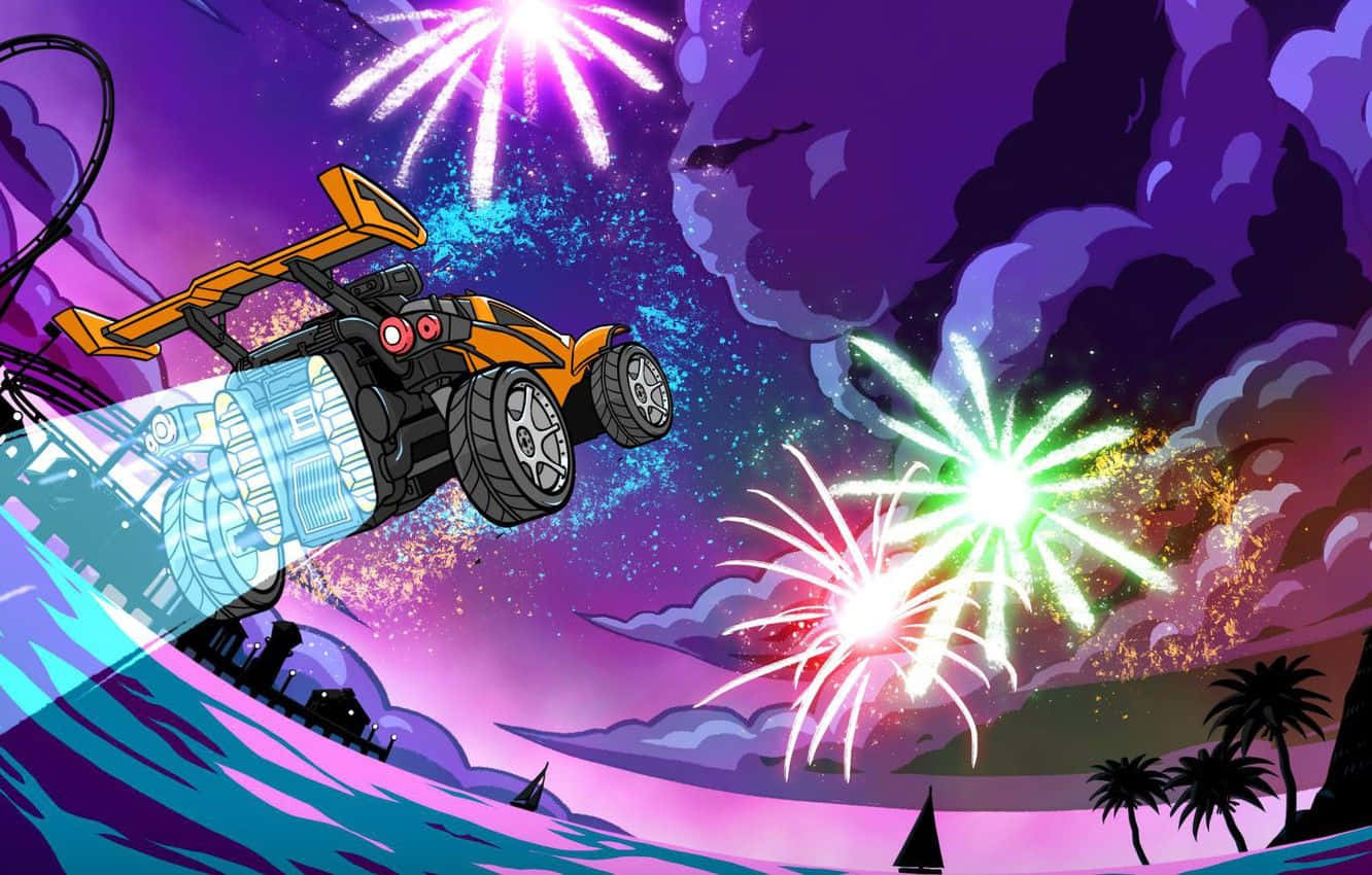 《Rocket League》720p 火花天空背景 壁紙 — 一輛未來感的橙色賽車，引擎發光，飛翔在熱帶海洋上空，紫色暮色天空中綻放著五彩繽紛的煙火。