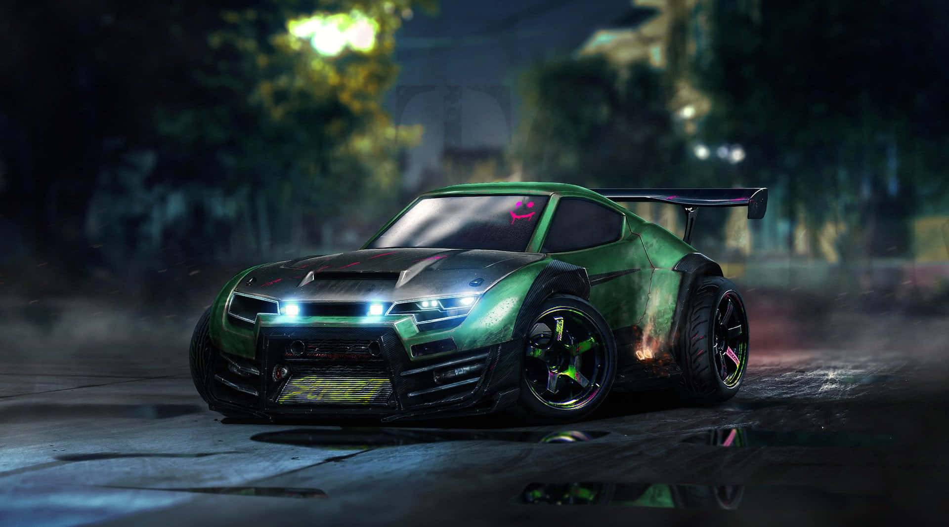 《Rocket League》720p 黑綠戰車背景 壁紙 — 一輛帶有霓虹色調的發光綠色跑車在霧氣瀰漫的夜街上飄移，車頭燈刺穿黑暗。