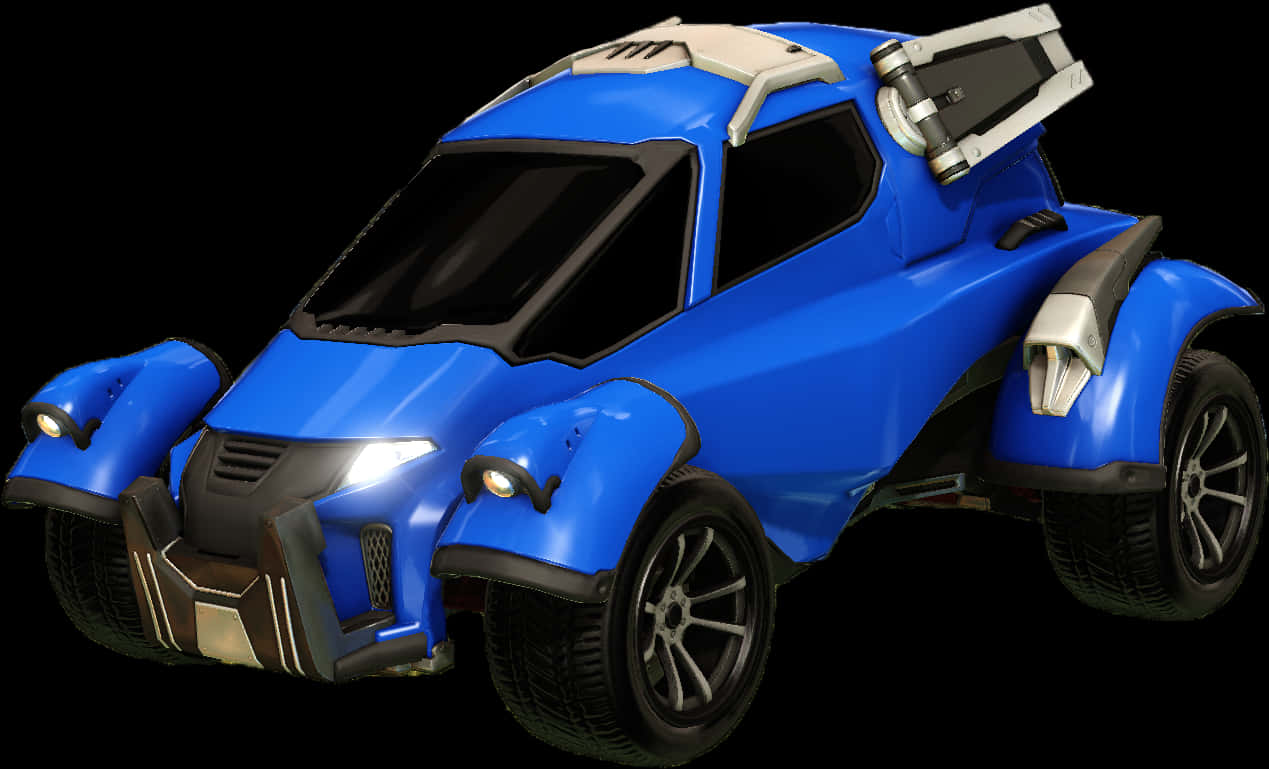 藍色Rocket League賽車渲染圖 壁紙 — 一輛時尚的藍色未來賽車，帶有發光車頭燈和銀色裝飾，背景為黑色。