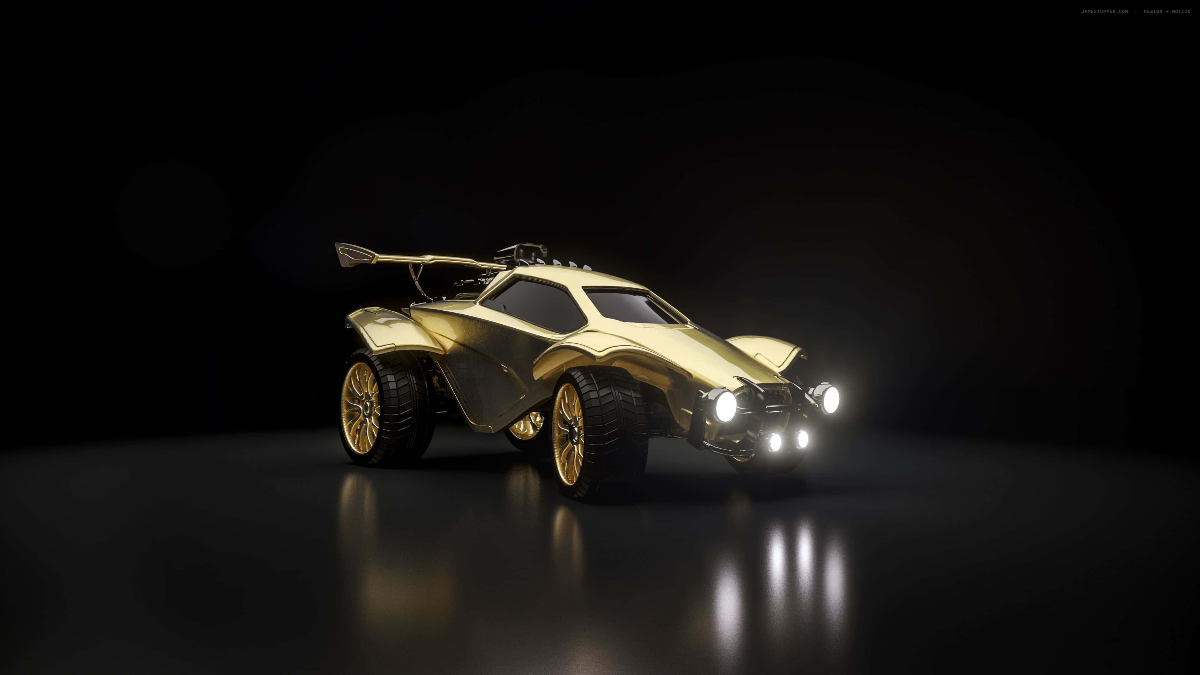 火箭聯賽金色賽車藝術 壁紙 — 一輛閃閃發光的金色未來越野車，配備發光車頭燈，在黑色背景下立於深色反光表面上。