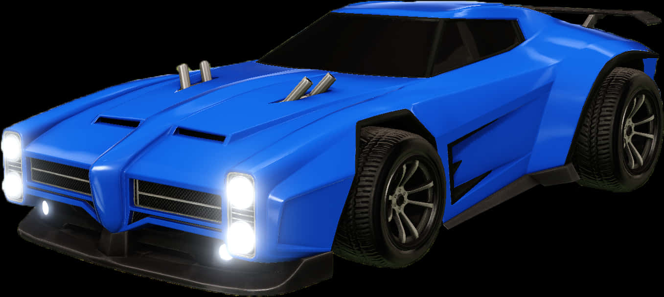藍色Rocket League賽車渲染圖 壁紙 — 一架時尚的藍色未來賽車，帶有發光頭燈和黑色飾邊，矗立在深色背景前。