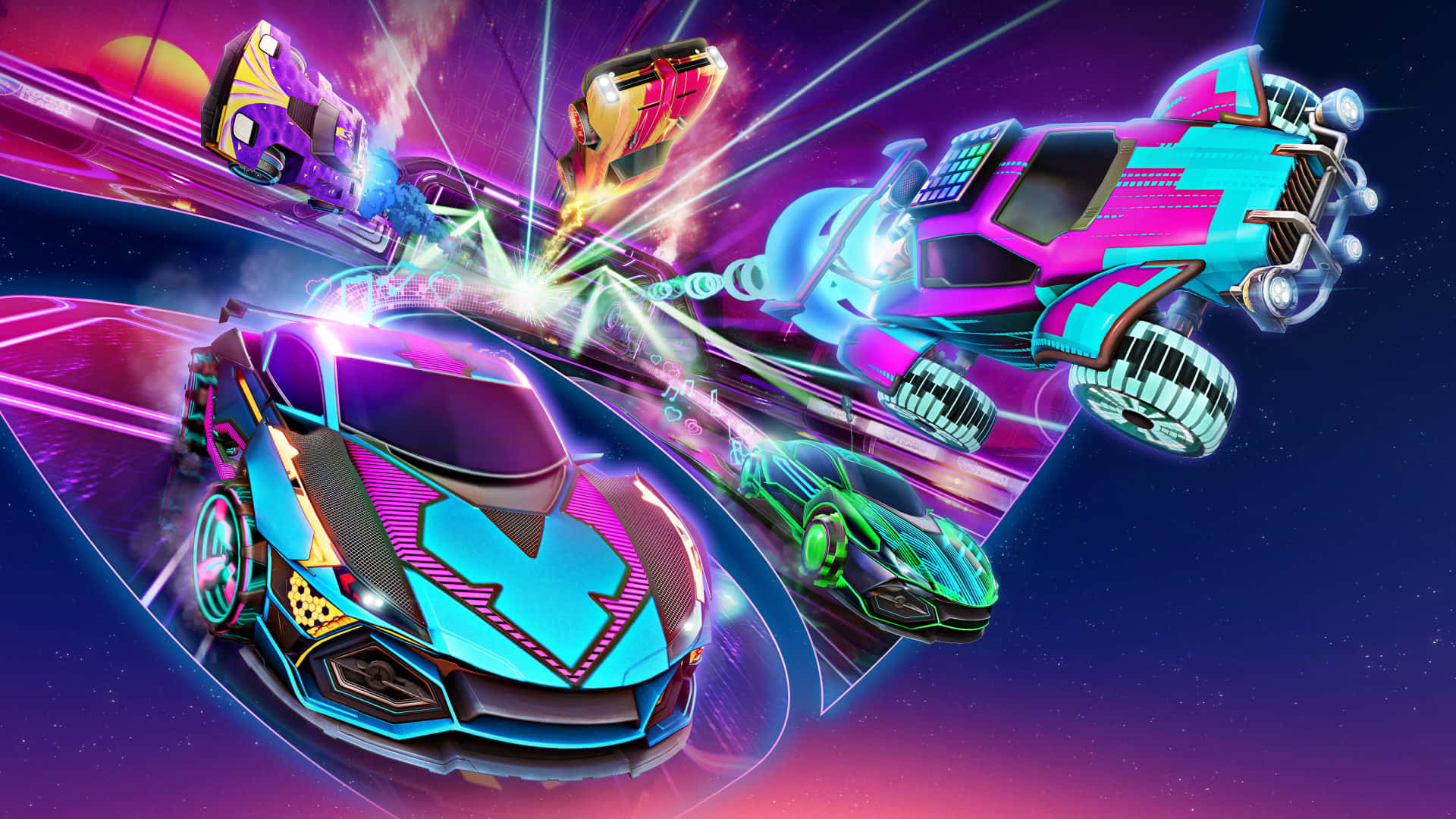 二個世界，一個遊戲——《Rocket League》！ 壁紙 — 充滿活力的霓虹火箭車在宇宙隧道中競速，留下發光軌跡和爆炸性碰撞。