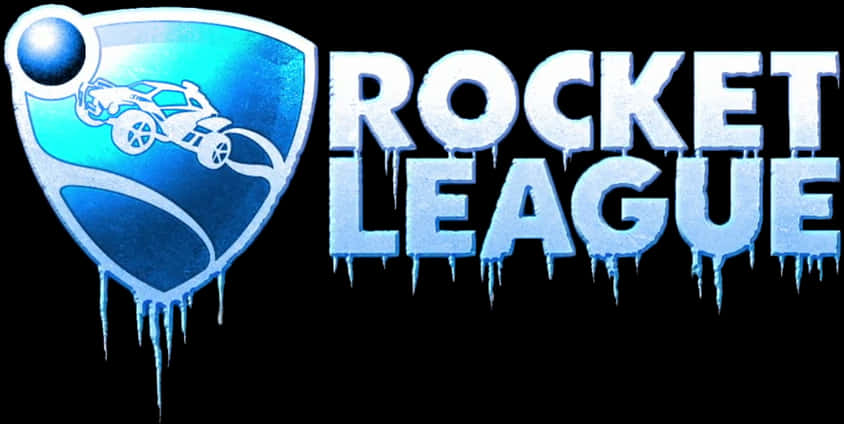 Rocket League 標誌 壁紙 — 一個冰藍色盾牌標誌，上面有火箭車和球，旁邊是冰紋理的「ROCKET LEAGUE」字母，背景為黑色。