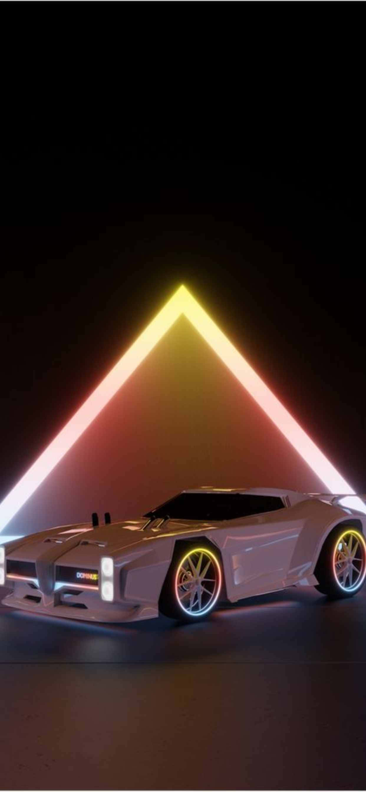 準備在 Rocket League 中起飛，適用 iPhone Xs Max 壁紙 — 一輛時尚的白色未來主義跑車在黑暗的攝影棚環境中，在充滿活力的霓虹三角形燈光下發光。