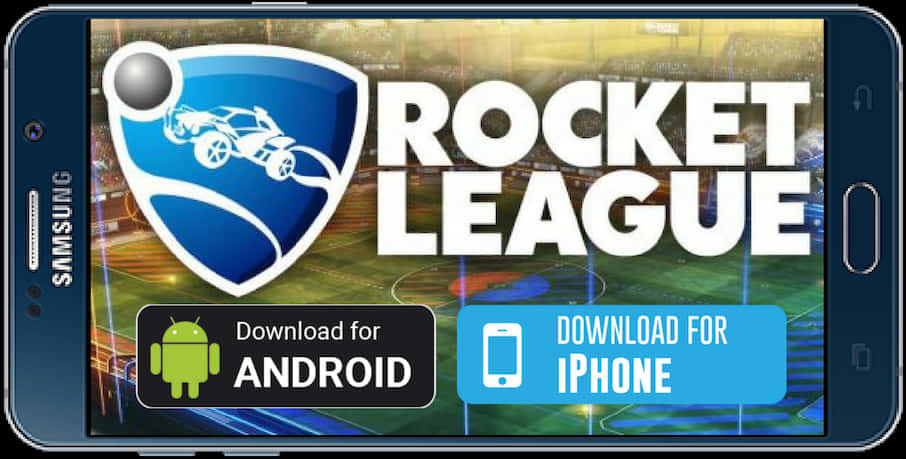 Rocket League手機下載廣告 壁紙 — 一部智能手機在充滿活力的競技場背景上顯示Rocket League遊戲標誌以及Android和iPhone下載按鈕。