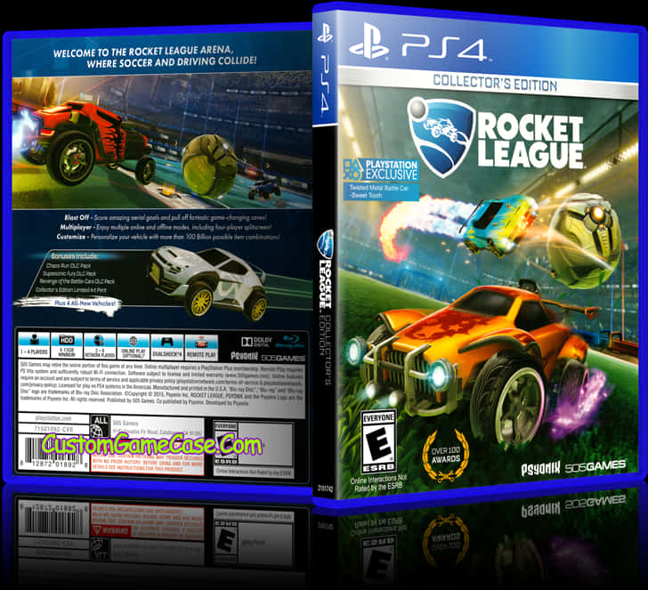 Rocket League PS4收藏版封面 壁紙 — 色彩鮮豔的 PlayStation 4 Rocket League 收藏版遊戲盒， featuring 火箭動力汽車在體育場競技場中空中飛馳。