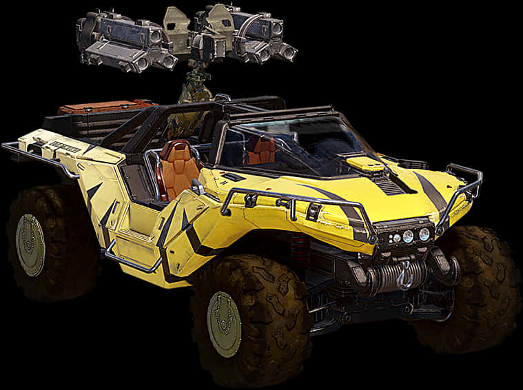 配備渦輪增壓的黃色Rocket League賽車 壁紙 — 一輛黃色裝甲越野車，配備炮塔和堅固輪胎，立在黑色背景前。