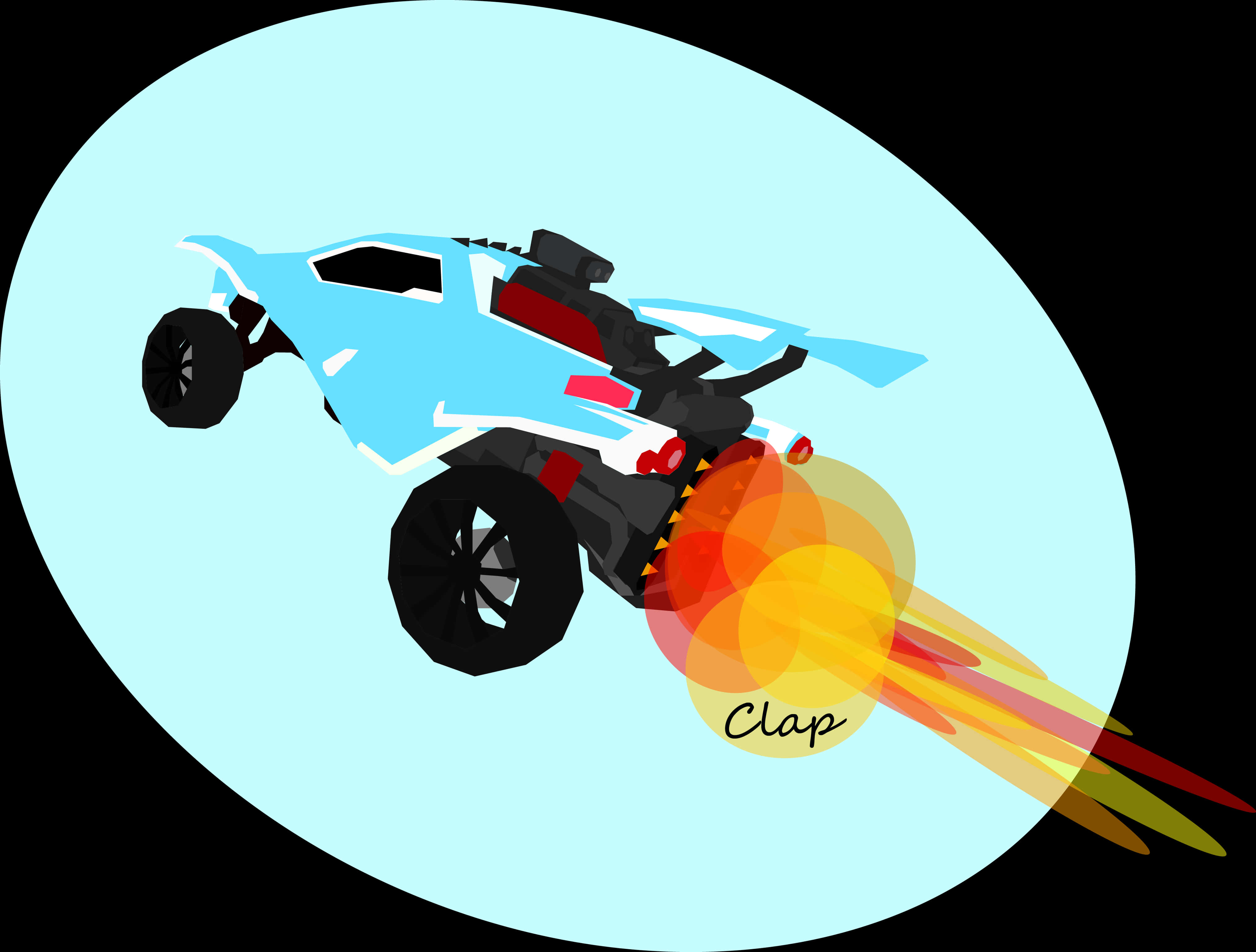 Rocket League 火焰加速車輛插圖 壁紙 — 一架風格化的藍色火箭車，帶有火焰般的排氣，在黑色背景上穿過一個淺藍色橢圓形。