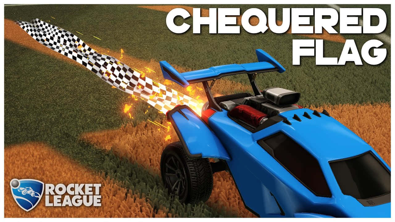 Chequered Flag 桌布 壁紙 — 《Rocket League》中一架藍色火箭動力車衝過方格旗，身後留下火焰般的排氣。