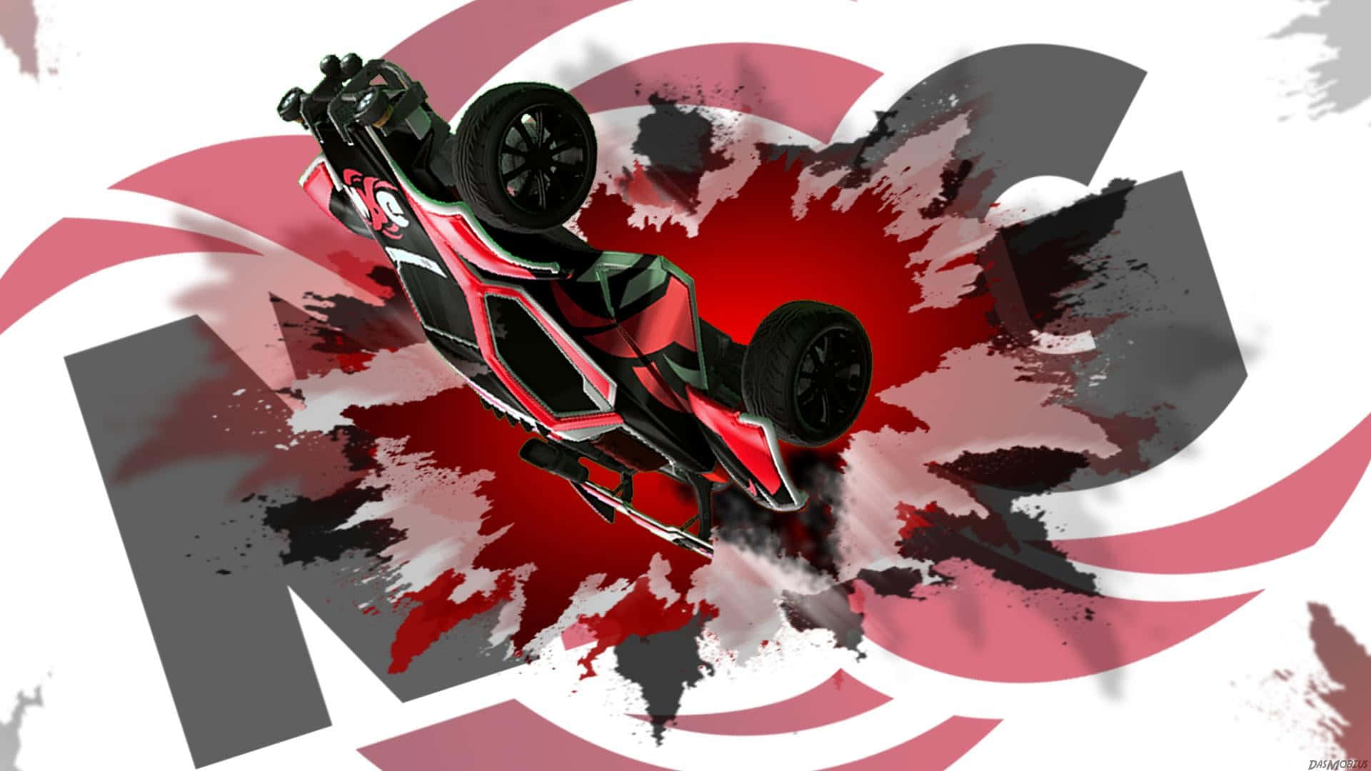 《Rocket League》冠軍級競技賽 壁紙 — 一輛紅黑賽車在鮮明的紅色和灰色潑濺背景上戲劇性地翻轉。