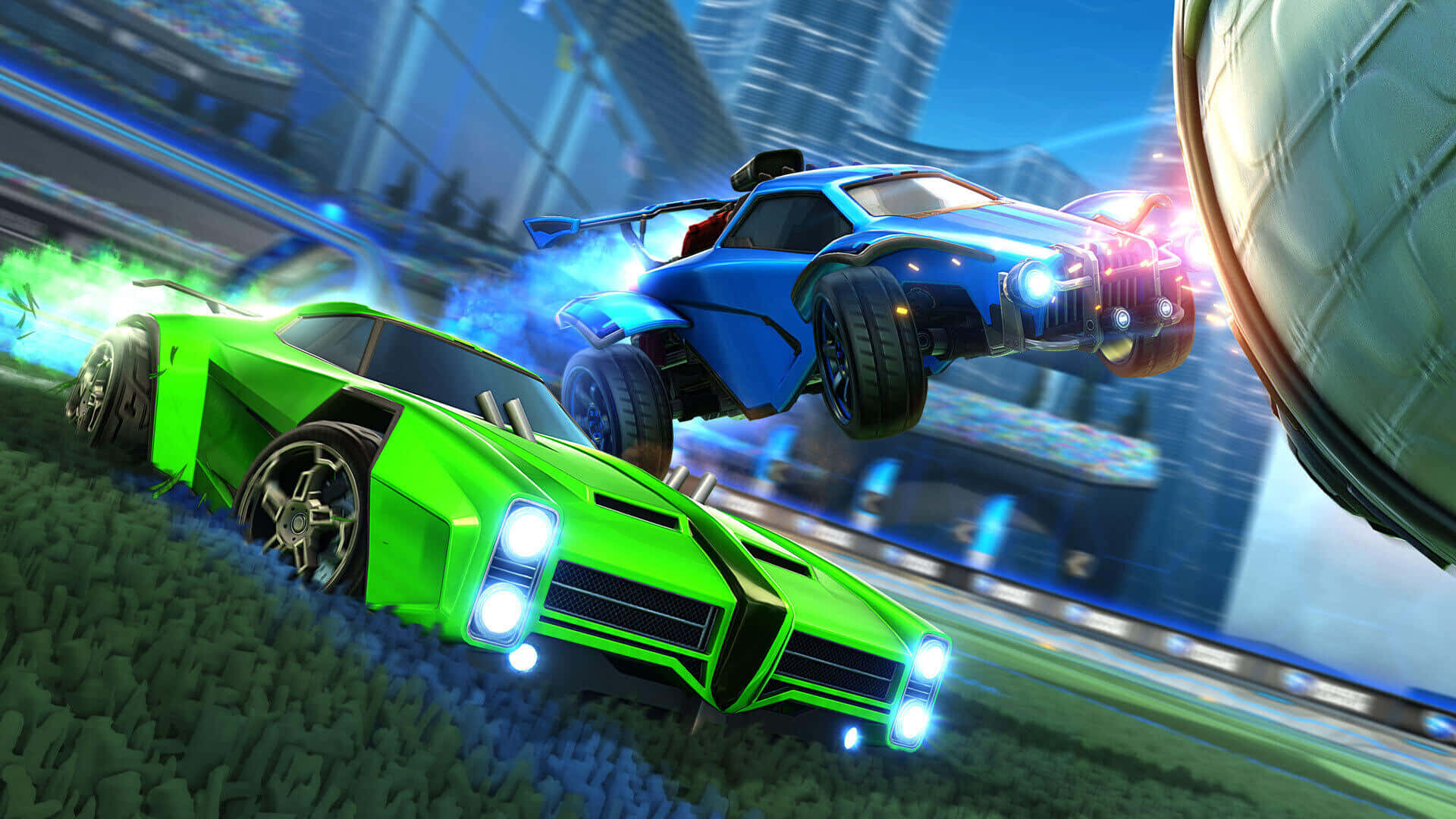 Rocket League 的全明星賽車樂趣 壁紙 — 兩輛未來主義賽車，一綠一藍，在霓虹燈照亮的城市賽道上疾馳，留下發光的軌跡和動態模糊效果。