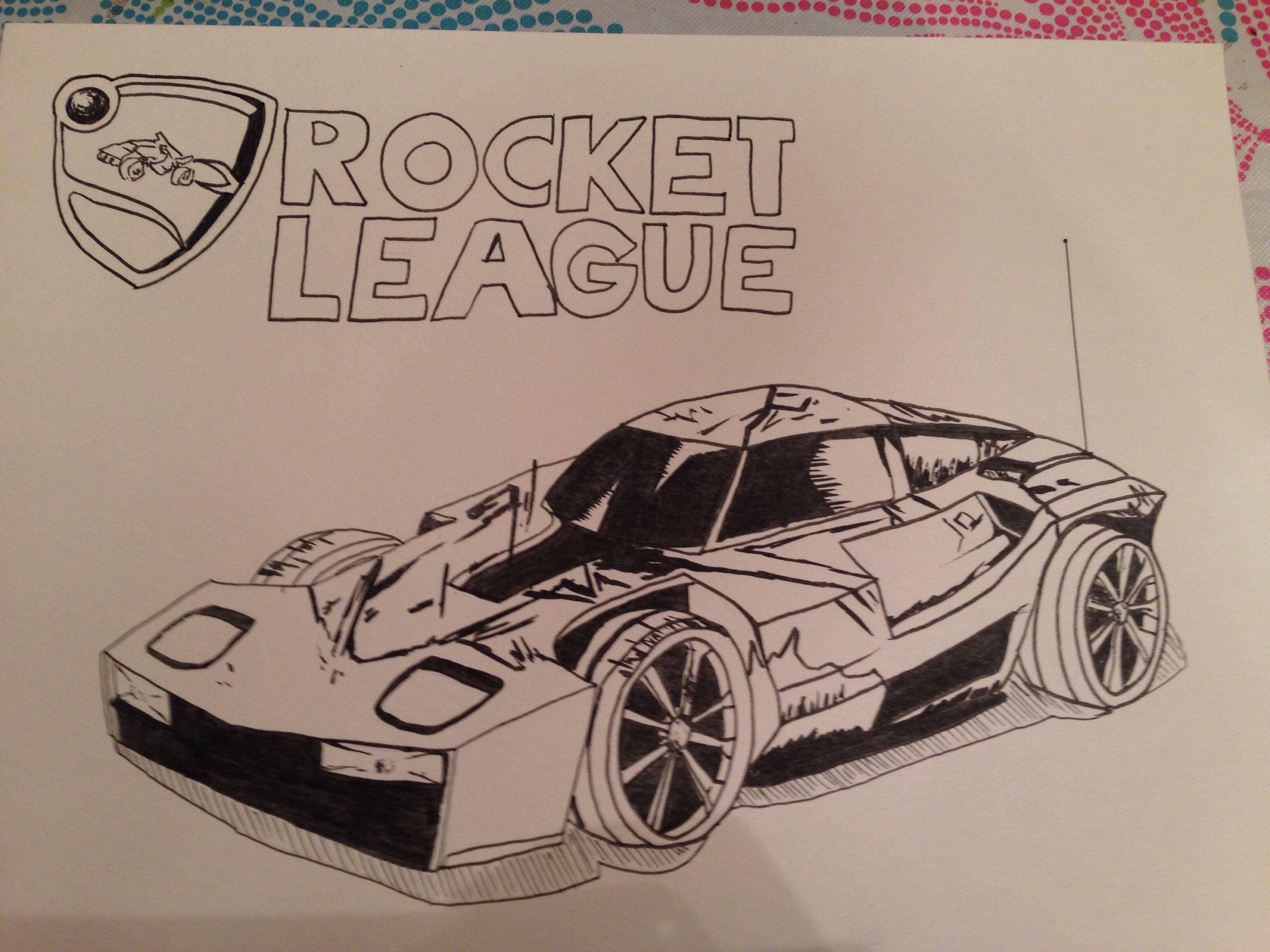 Rocket League中的精彩多人車球對決 壁紙 — 紙上黑白墨水繪畫的Rocket League賽車，上方有遊戲標誌。