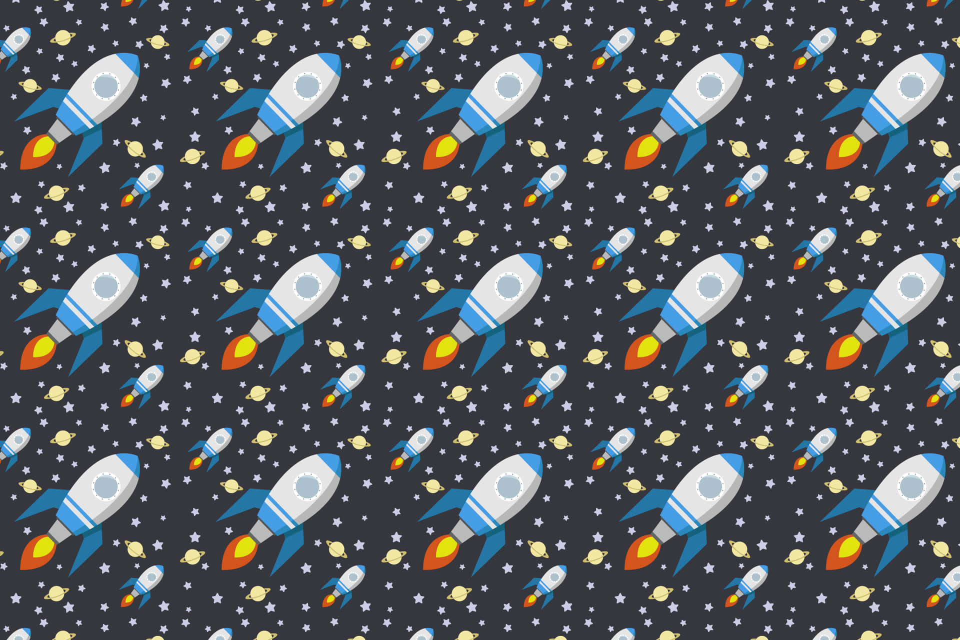 重複的卡通火箭帶有火焰，在深灰色背景上飛過星星和行星