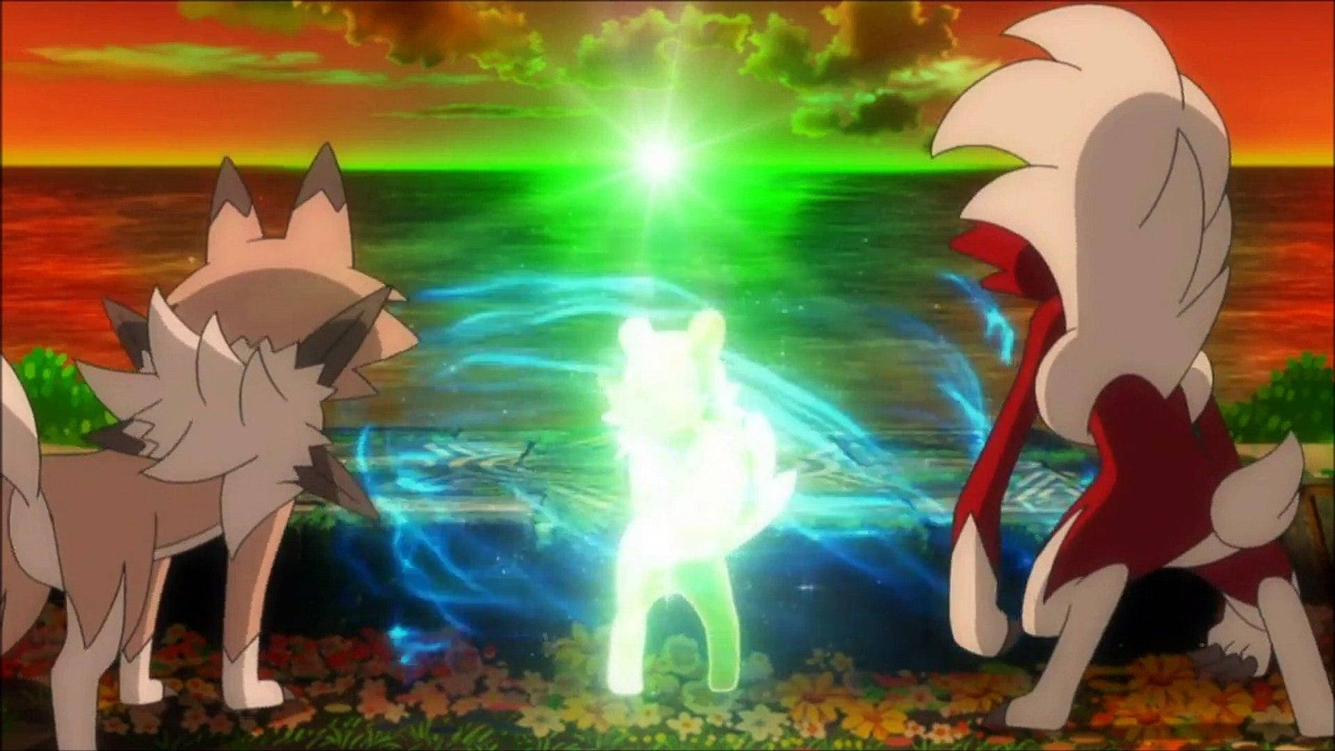 Rockruff 中期進化 壁紙 — 兩隻狐狸般嘅寶可夢喺日落時對峙，佢哋之間出現咗一個發光嘅綠色同藍色能量生物。