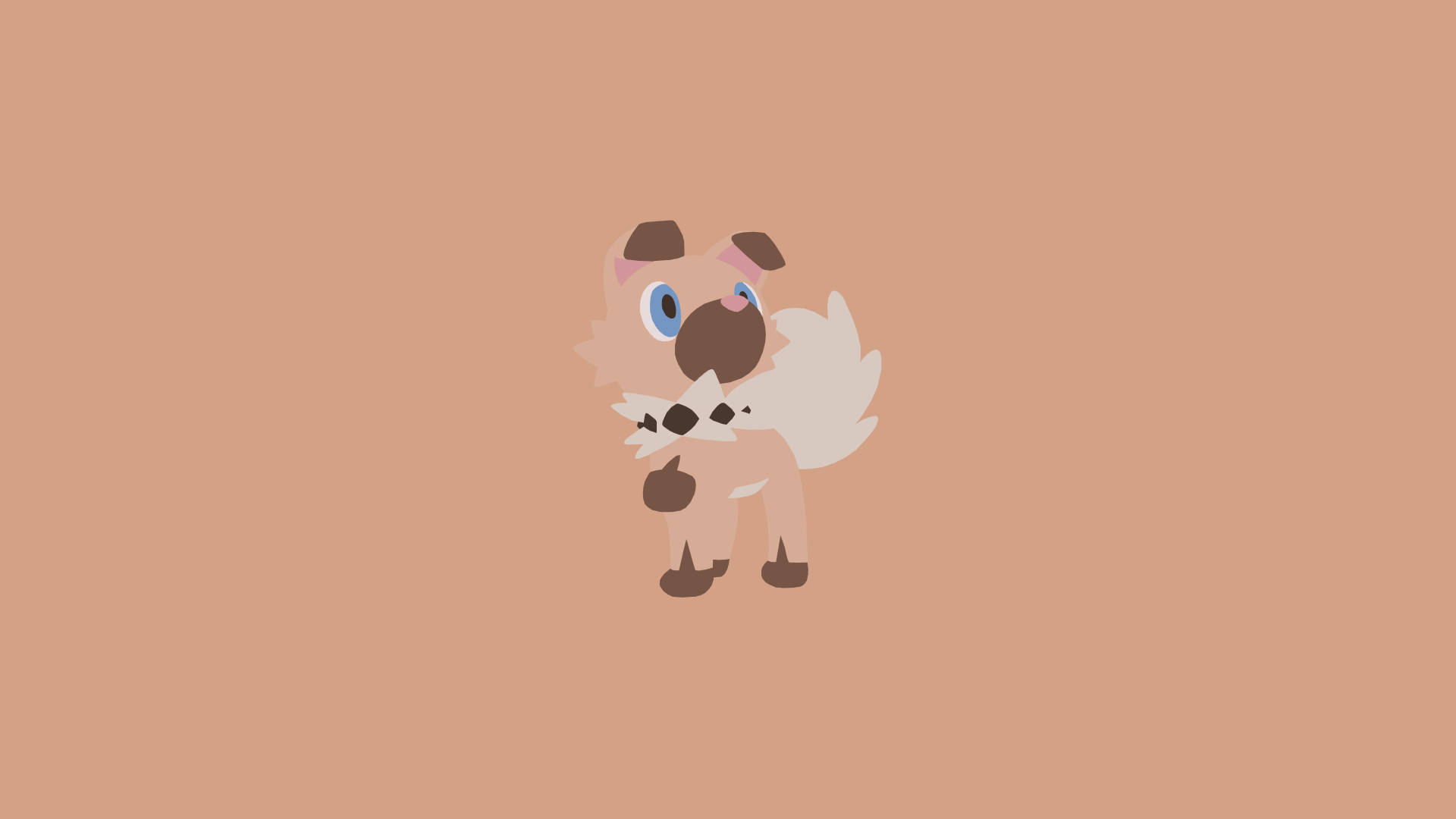 Rockruff 在棕色背景上 壁紙 — 一隻可愛的卡通狗，藍色眼睛和蓬鬆尾巴，站在純桃色背景中央。