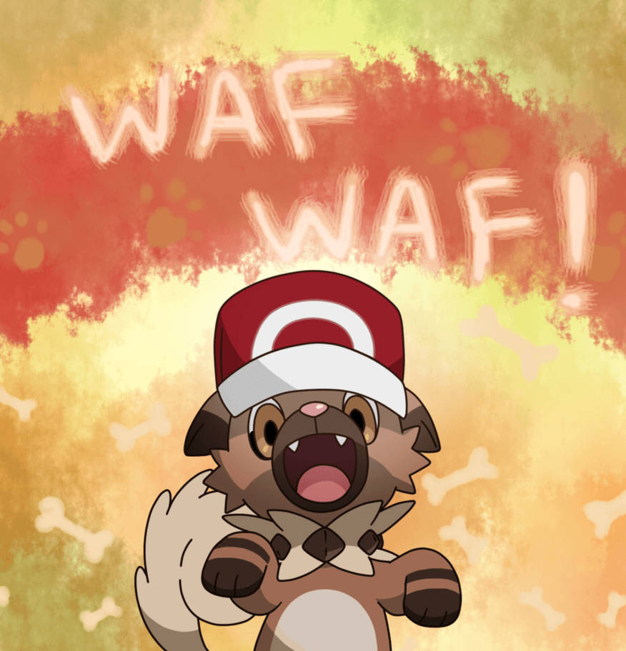 Rockruff 戴著帽子 壁紙 — 一隻卡通狗樣子的寵物小精靈戴著紅白帽，在溫暖的橙黃色水彩背景上，帶有骨頭圖案和「WAF WAF!」文字，興奮地吠叫。