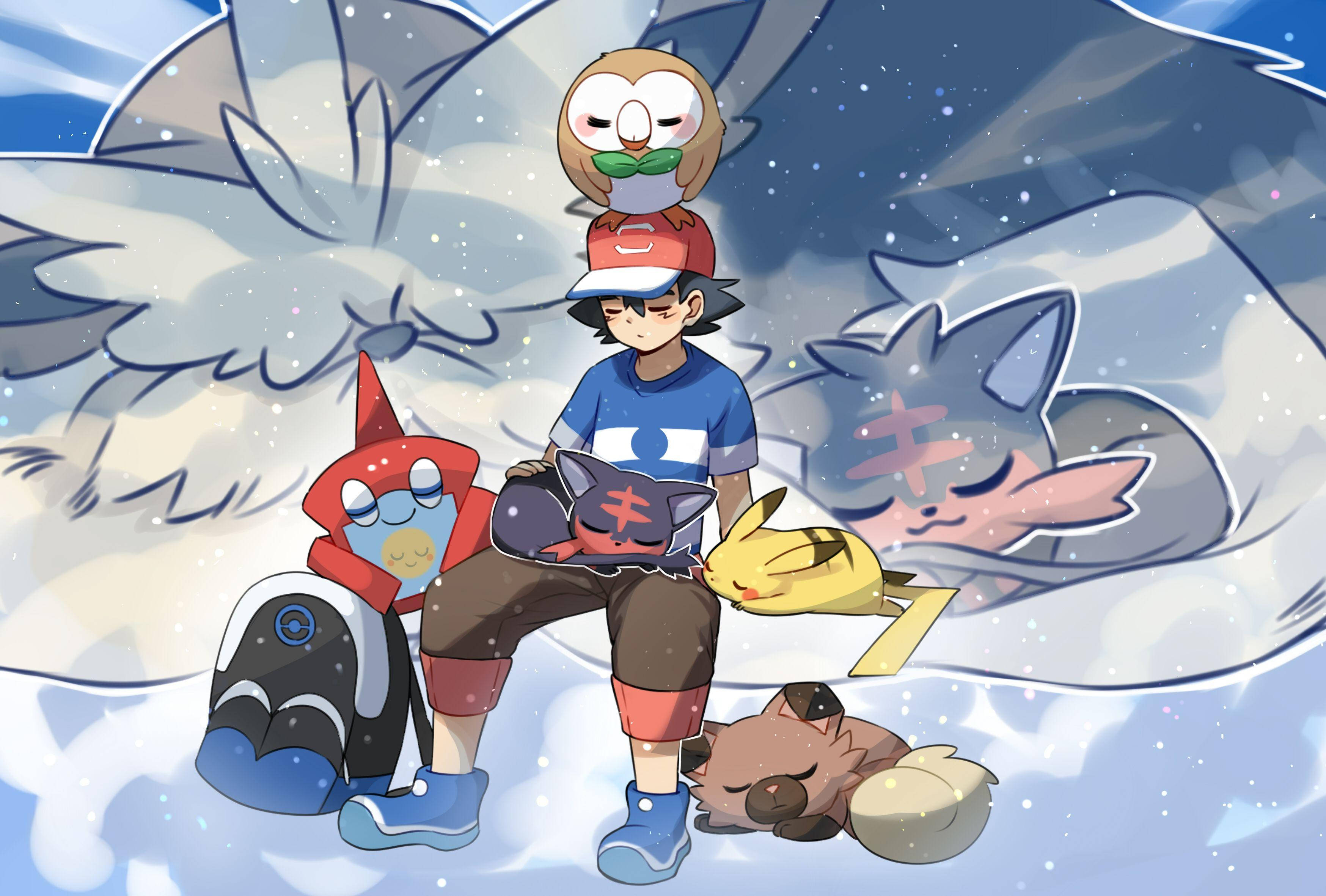 Rockruff 與 Ash 壁紙 — 一位年輕訓練家坐在雪地中，被沉睡的寶可夢圍繞，頭頂是星空。