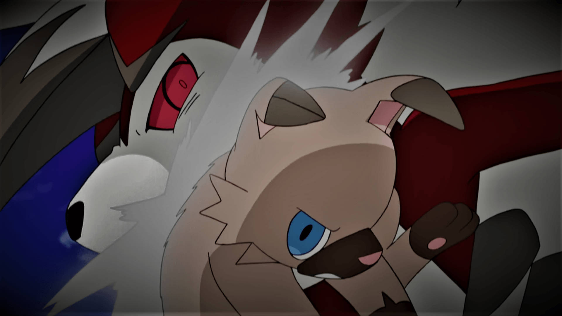 Rockruff 與午夜 Lycanroc 壁紙 — 一隻兇猛的動漫狐狸，藍眼睛和紅色標記，與一隻眼睛發紅光的白色狼在動態戰鬥場景中對峙。