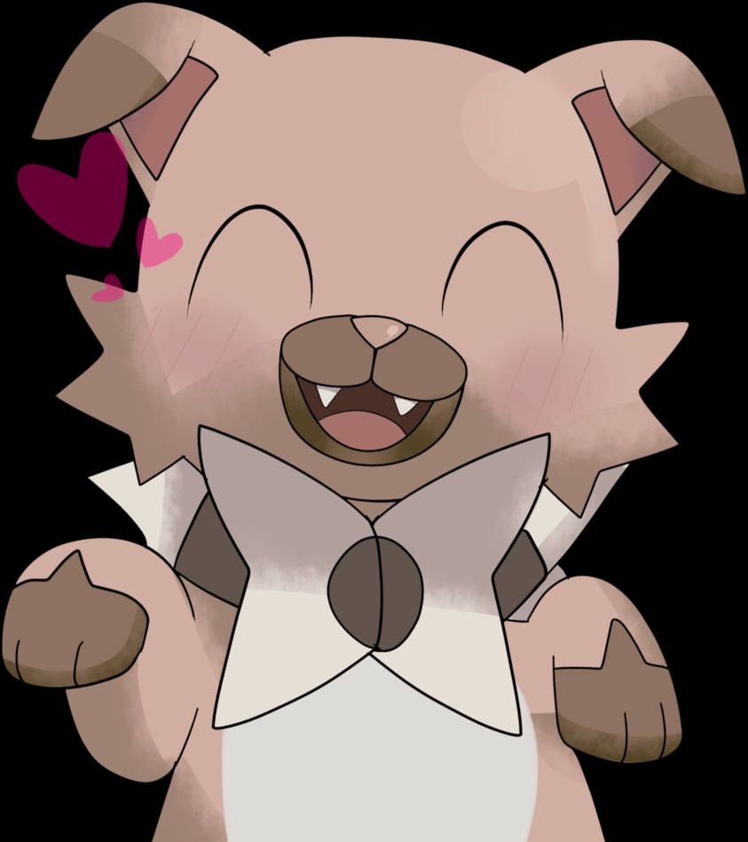 Rockruff 高興臉紅 壁紙 — 一隻開心的動漫風格小狗，戴著大蝴蝶結，粉紅色的心形在它微笑的臉旁漂浮，背景為黑色。