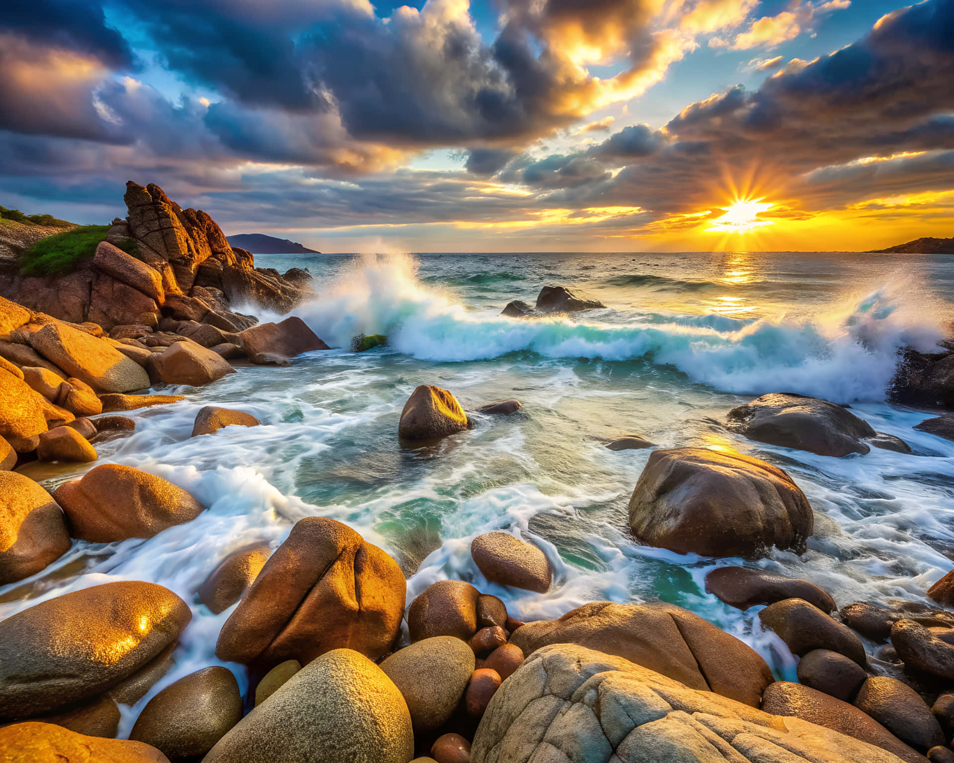 夕陽下的海洋，海浪拍打岩石海岸