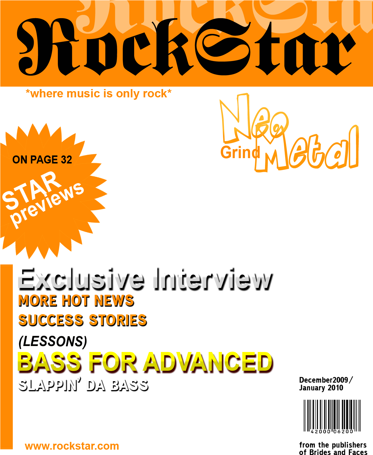 RockStar雜誌封面：Neo Grind Metal 壁紙 — 為 'RockStar' 設計的大膽雜誌封面，採用橙色和黑色設計，包含 'Neo Grind Metal' 和貝斯教學標題。