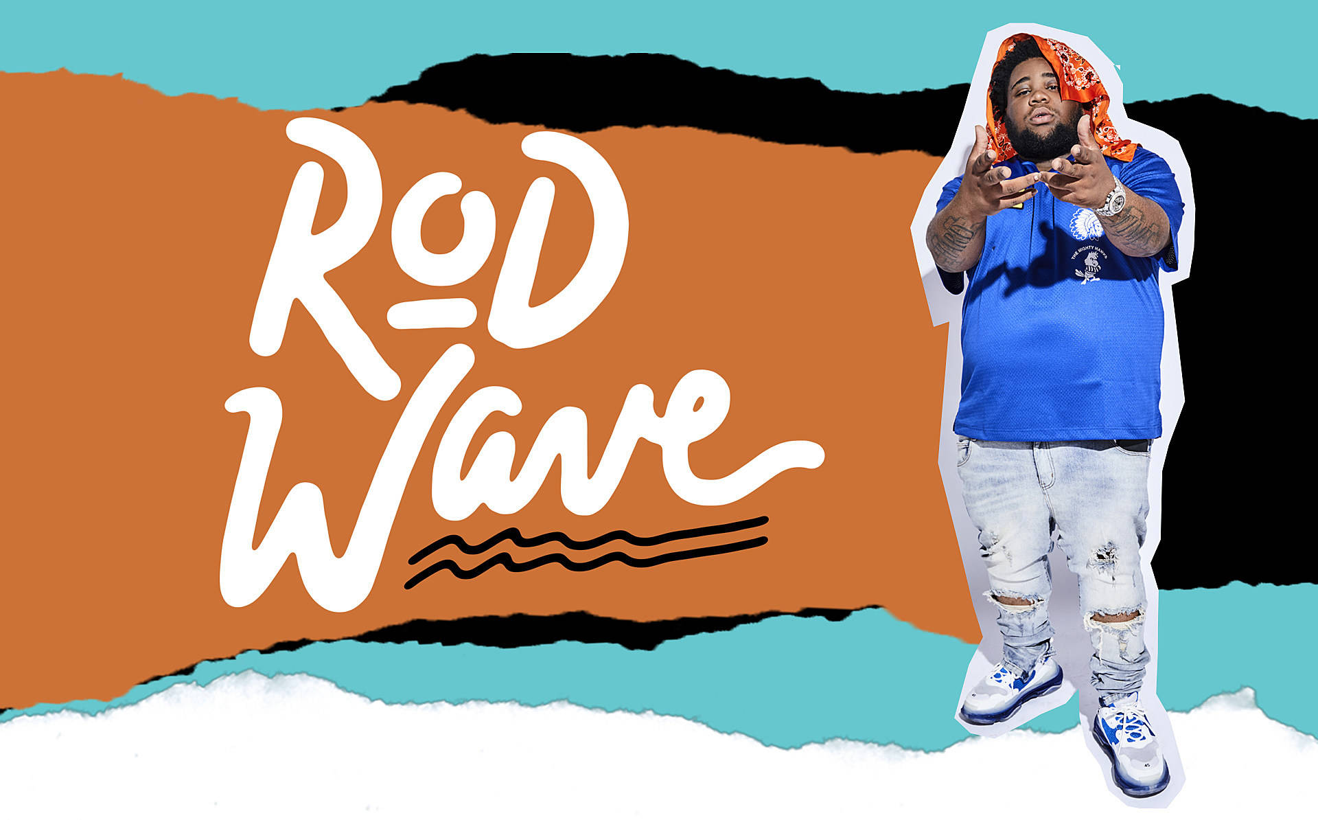 Rod Wave 數位粉絲藝術 壁紙 — 一個風格化的圖形，說唱歌手 Rod Wave 穿著藍色襯衫和破洞牛仔褲，背景是撕紙效果，他的名字以粗體白色字體呈現。