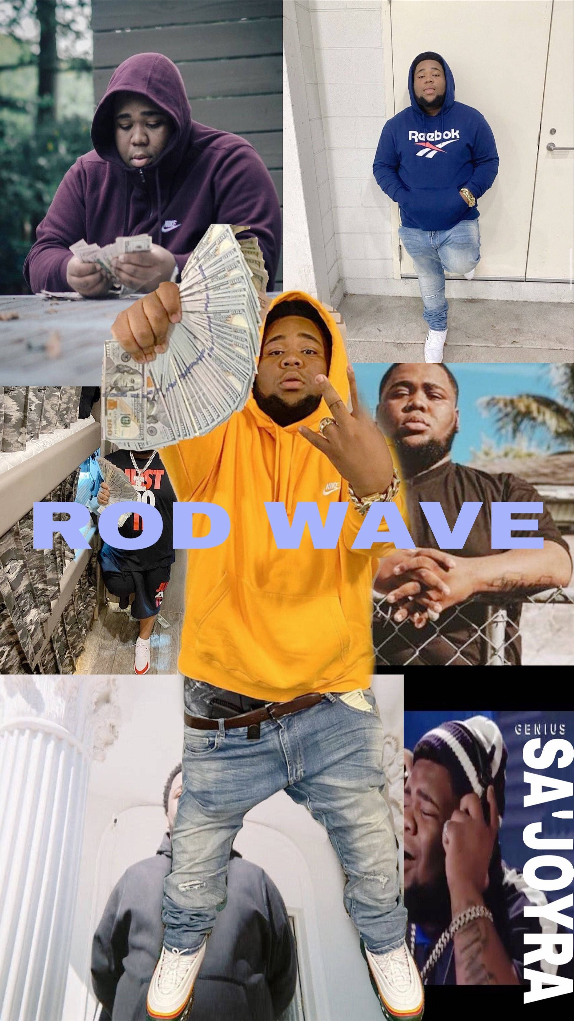 Rod Wave 組合圖 壁紙 — 饒舌歌手 Rod Wave 以不同姿勢與金錢和街頭服飾在都市背景下的拼貼畫。
