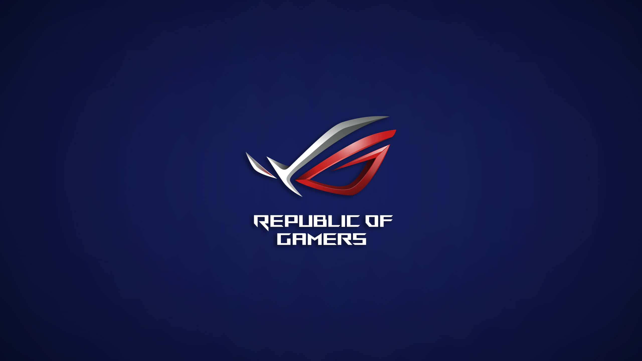 ROG：將 PC 遊戲推向新高度 壁紙 — 一個時尚的紅銀色 ROG 標誌置於深藍色漸變背景中央，下方有 'Republic of Gamers' 文字。