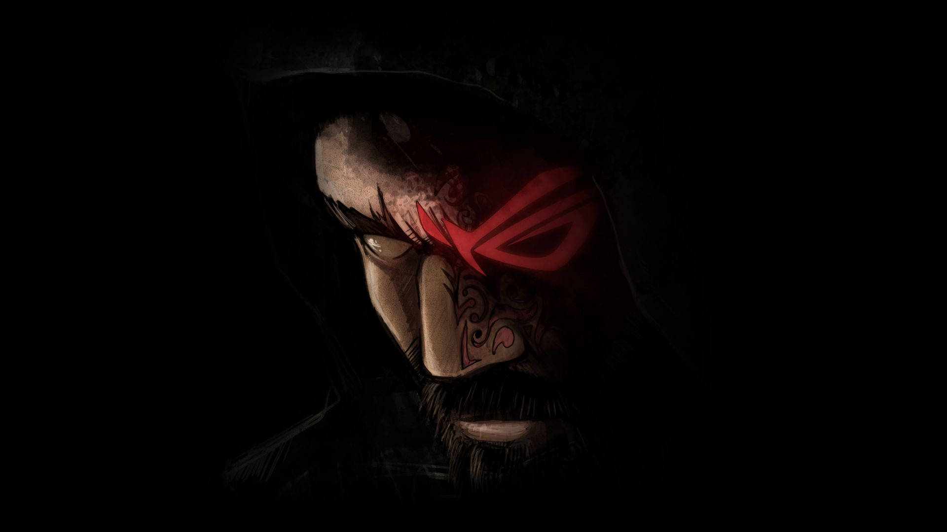 一個戴著兜帽的戰士，擁有發光的紅色眼睛和部落紋身，在黑暗中。