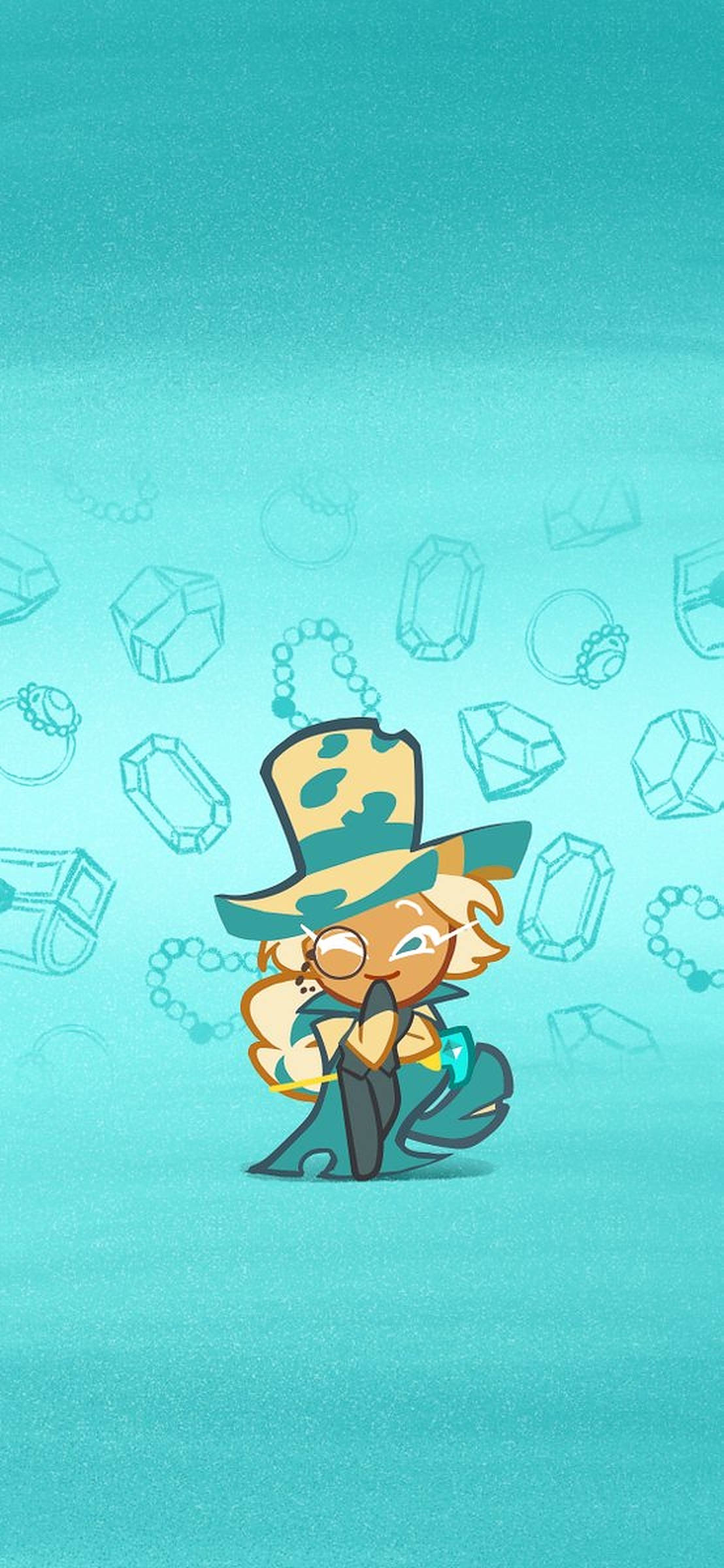 Roguefort 饅頭餅乾 Cookie Run 壁紙 — 一個可愛的卡通角色戴著青綠色和金色的帽子，坐在漸變青綠色背景上，周圍環繞著漂浮的珠寶草圖。