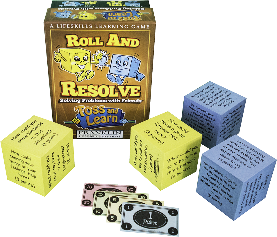 Rolland Resolve 教育遊戲 壁紙 — 一個色彩繽紛的教育棋盤遊戲盒，名為「Roll and Resolve」，帶有卡通骰子和點數卡，顯示在黑色背景上。