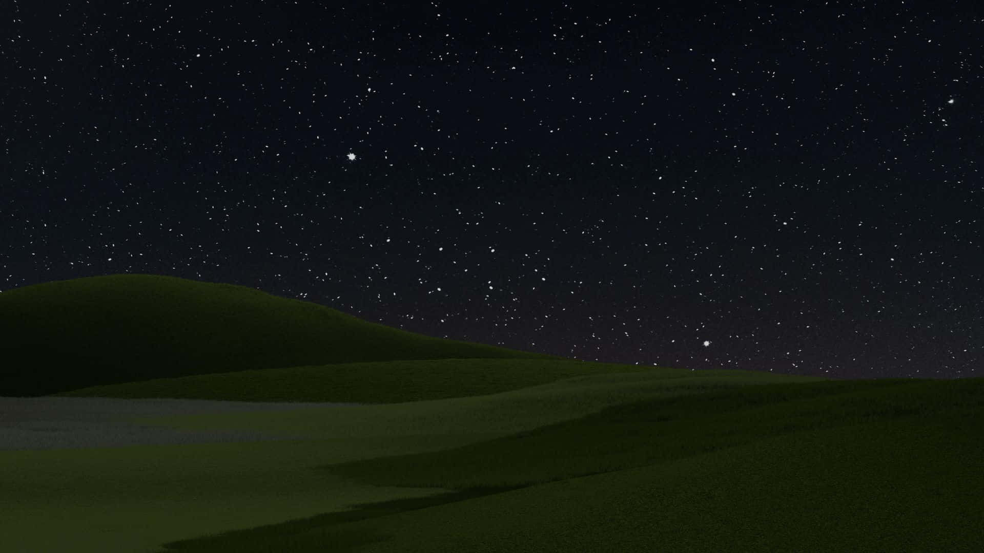  壁紙 — 連綿起伏的綠色山丘，在廣闊的星空下，閃爍的星星和明亮的天體。