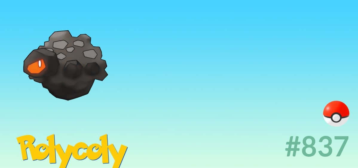 Rolycoly 寶可夢圖鑑編號 837 壁紙 — 一隻卡通風格嘅岩石小精靈，有發光橙色眼睛，喺漸變藍色天空漂浮，顯示佢嘅名同圖鑑編號。