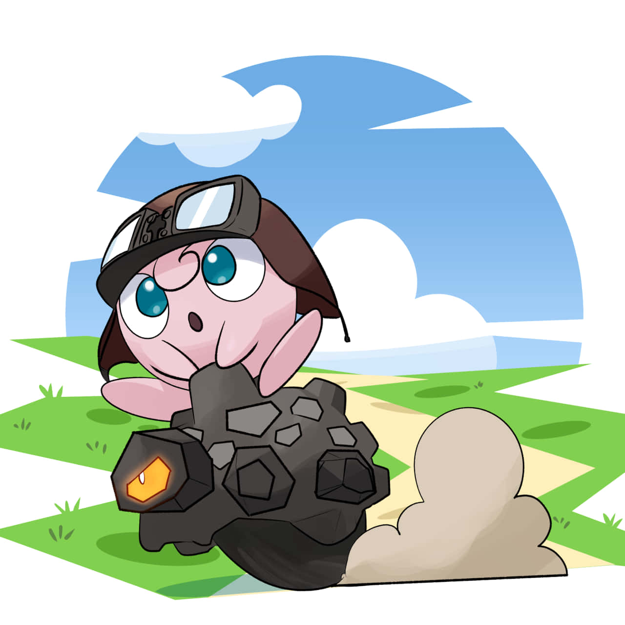 Rolycoly 與 Jigglypuff 一同旅行 壁紙 — 一個可愛的粉紅色動漫角色戴著飛行帽，在藍天白雲下駕駛黑色裝甲車穿過草地。