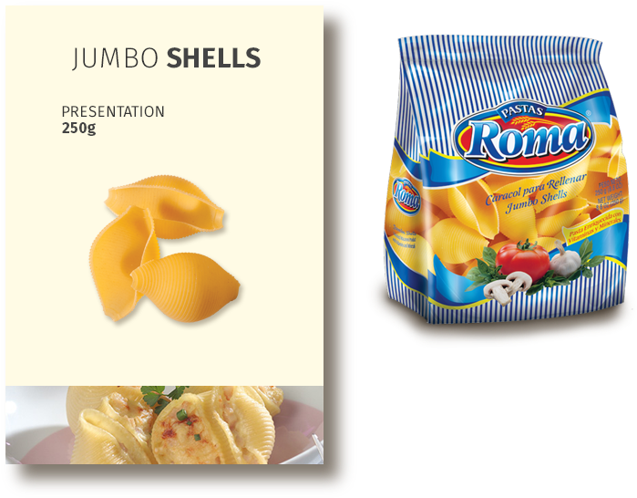 Roma 品牌大號通心粉包裝 壁紙 — Roma 品牌巨型意粉殼的產品包裝，附有煮熟並填滿忌廉醬汁的意粉殼照片。