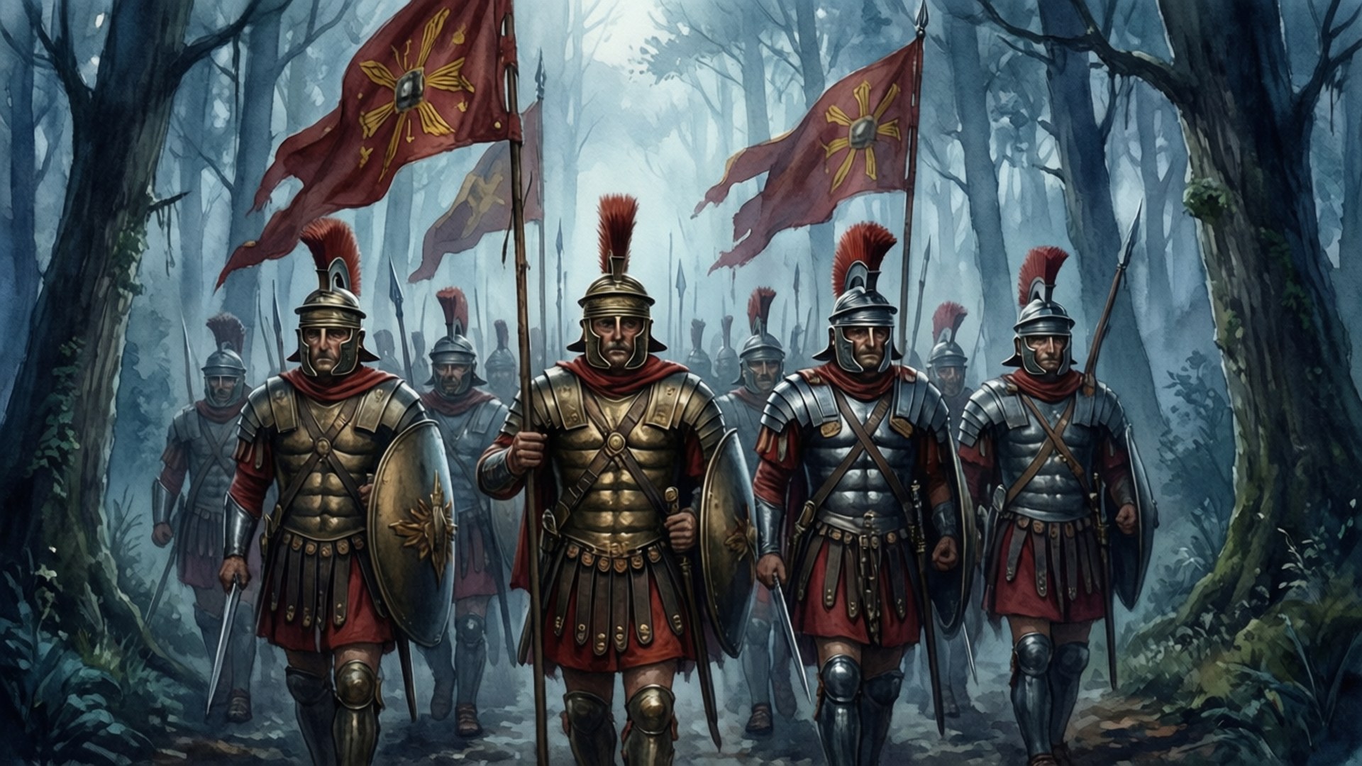 Roman Republic 桌布 壁紙 — 羅馬軍團士兵身穿閃亮盔甲，手持帶有金色太陽符號的紅色旗幟，行進在迷霧森林中。