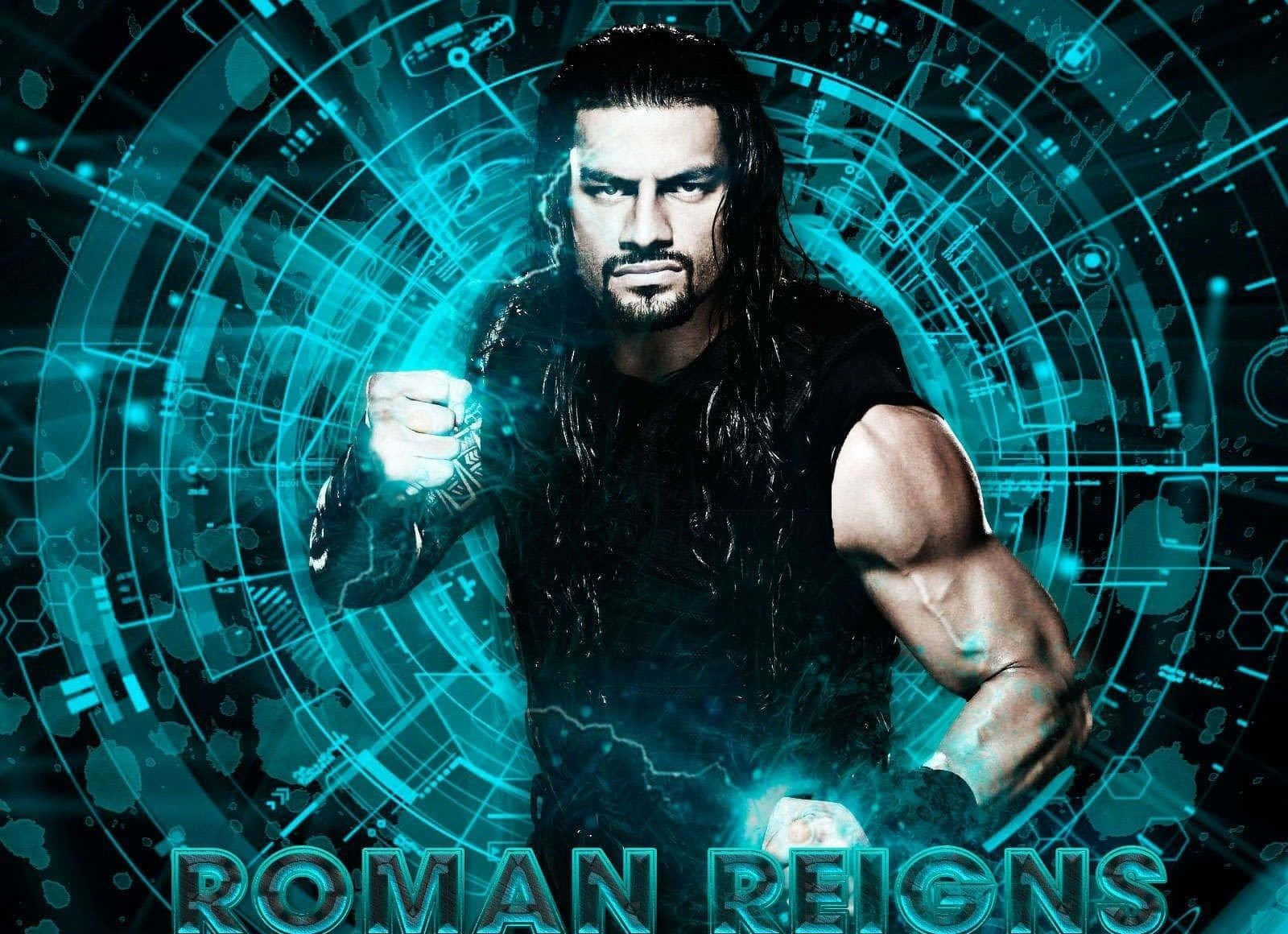 Roman Reigns 桌布 壁紙 — Roman Reigns 眼神專注，拳頭發光，背景是未來感十足的青綠色數位介面。