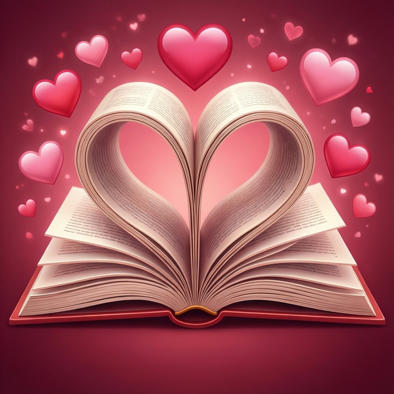 打開的書形成心形，被漂浮的心形包圍，背景為紅色