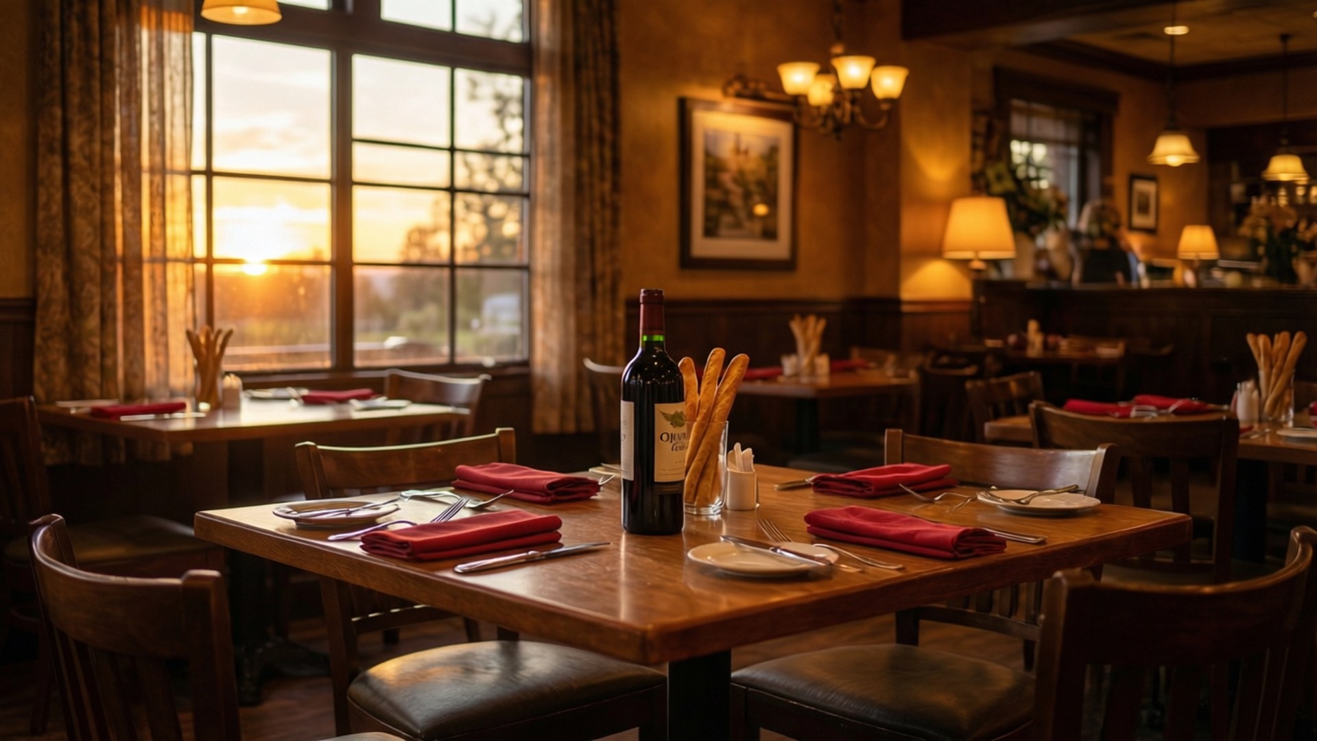 Cozy restaurant interior with wooden tables set for dining at sunset. 壁紙