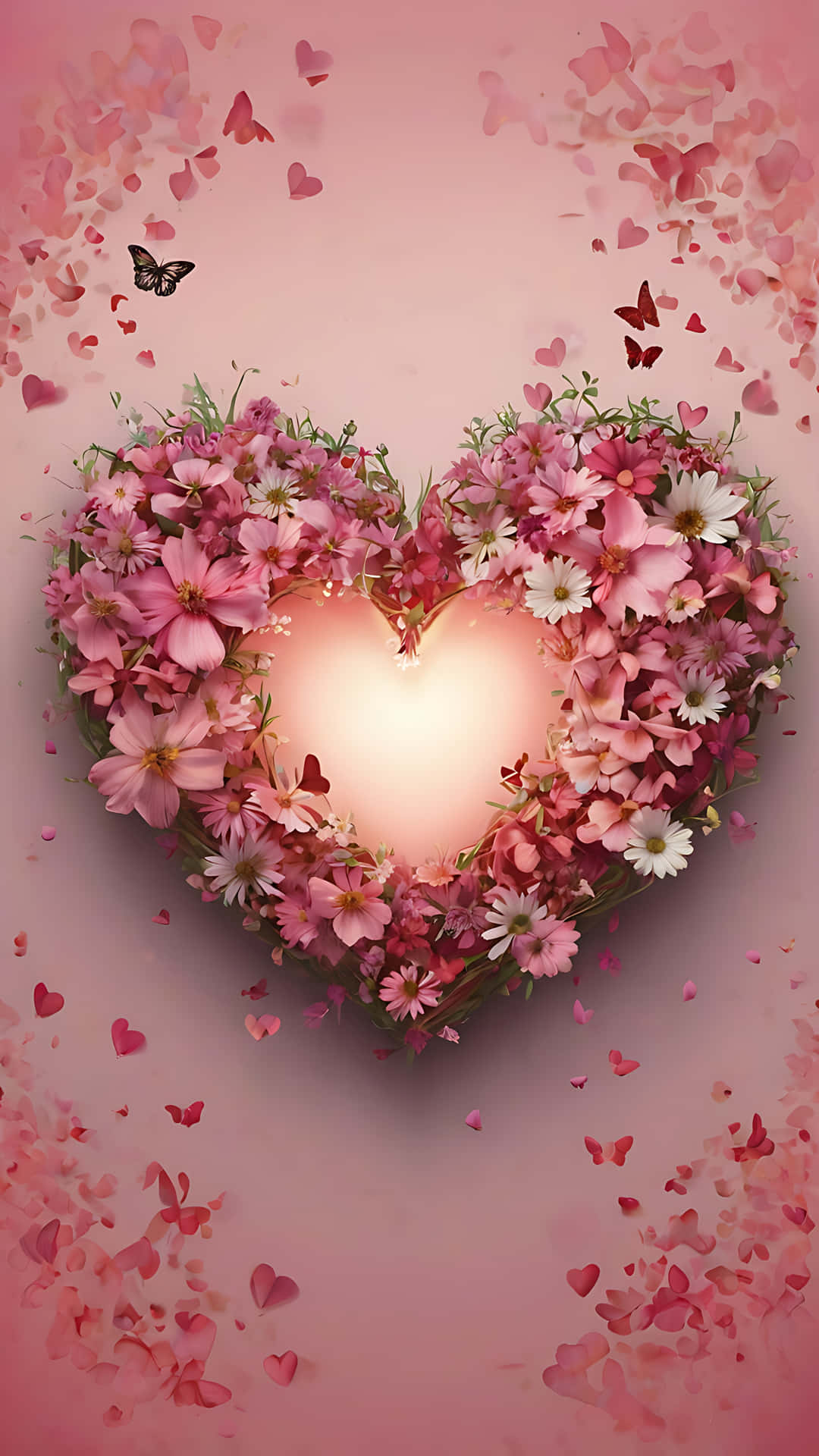 Romantic Valentine's Day Heart Art wallpaper 壁紙 — 一個發光的愛心形花環，由粉紅色和白色的花朵製成，蝴蝶和花瓣在柔和的粉紅色背景上飄浮。