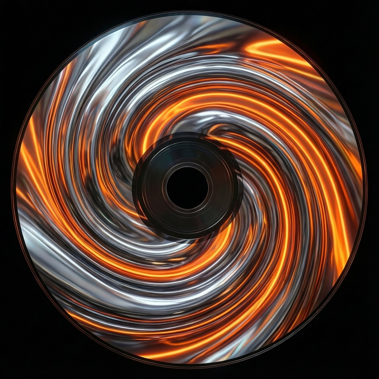發光的橙色和銀色金屬在黑色背景上向內流動的螺旋