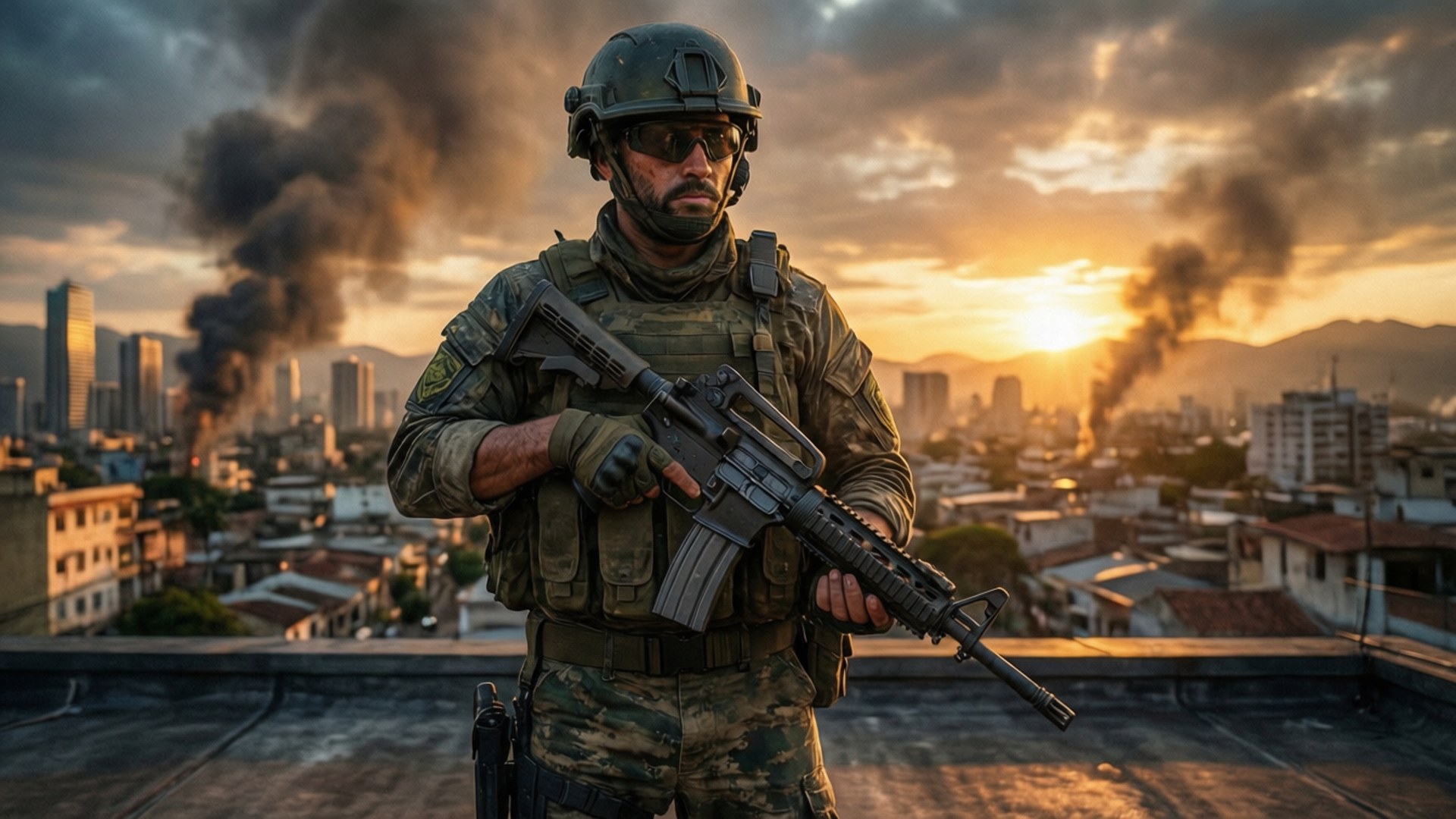 Rooftop Guerrilla Esperanza 壁紙 — 一名身穿全副戰鬥裝備的士兵站在屋頂上，手持突擊步槍，夕陽下城市上空煙霧升騰。
